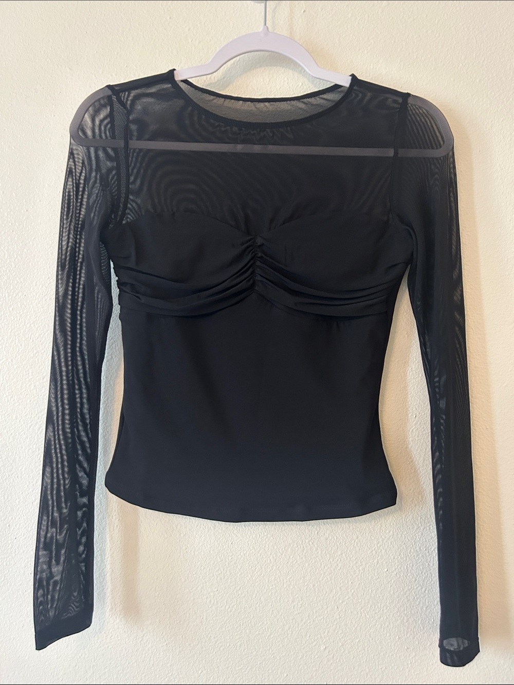 Reoria - Black Mesh Long-Sleeve Ruched Bust Top